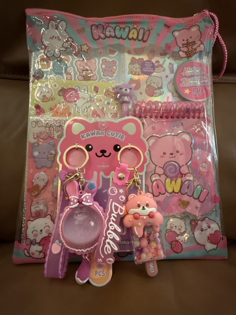 Kawaii Stationery Bundle Stickers Notebook + Cute Keychains Set